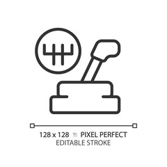 2D pixel perfect editable black car gear lever icon, isolated vector, thin line simple illustration representing car service and repair.