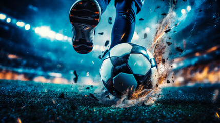 Under the Lights: Forceful Football Boot Shot in a Nighttime Match