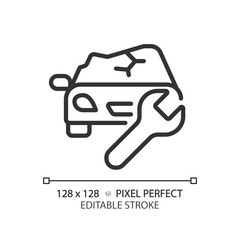 2D pixel perfect editable black car damage icon, isolated vector, thin line simple illustration representing car service and repair.