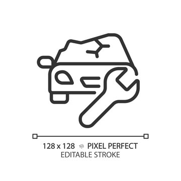 2D pixel perfect editable black car damage icon, isolated vector, thin line simple illustration representing car service and repair.