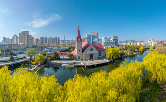 Aerial Qingdao wang river under the Christian church