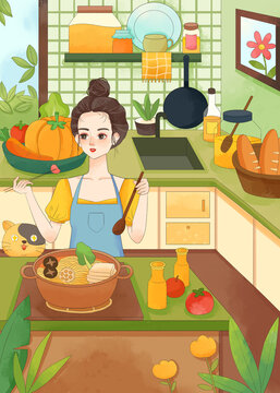 Illustration of young women cooking in the kitchen