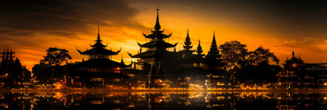 Mystical Thai pagoda silhouette under night sky, illuminated by street lamps, showcasing an intriguing blend of tranquility and exotic craftsmanship.