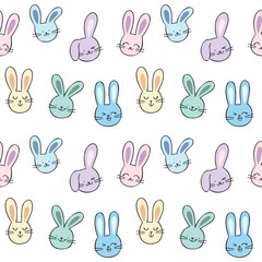 Seamless Pattern of Cartoon Rabbit Face Design on White Background