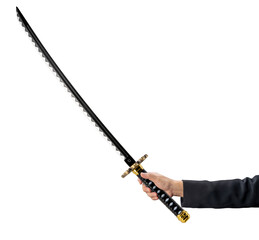 Businesswoman hand's holding Samurai Sword or Rapier isolated on white background, Sliver Samurai...