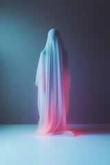 The image showcases a minimalist photograph featuring a ghostly figure crafted from foil material, illuminated by the captivating glow of holographic light