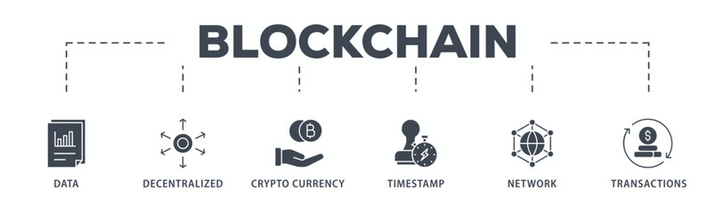 Blockchain banner web icon glyph silhouette with icon of data, decentralized, crypto currency, timestamp, network and transactions
