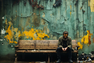 Captivating scene of a man resting on bench amidst gentle rainfall, set against an intriguingly raw, hand-painted backdrop.