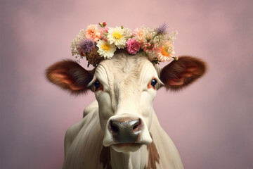 White cow with flowers on head on pastel background