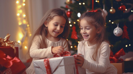 Loving fsibling girls with presents near the Christmas tree, exchanging gifts, and sharing festive joy for a Merry Christmas and Happy Holidays celebration.