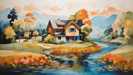 Abstract Nature with House by a River