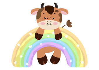 Cute cow hanging on magic rainbow