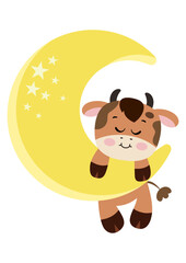 Cute cow hanging on yellow moon