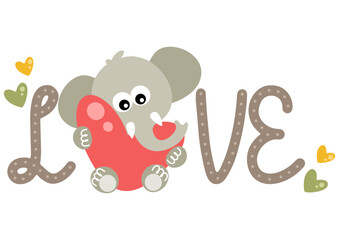 Love word with cute elephant holding a heart