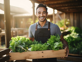 A cheerful Asian male gardener proudly holds a box of fresh green vegetables in a greenhouse garden, exemplifying the young Asian farmer's commitment to harvesting natural organic salad vege - obrazy, fototapety, plakaty