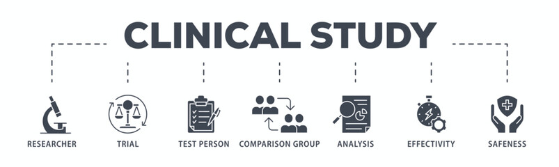 Clinical study banner web icon glyph silhouette for clinical trial research with an icon of researcher, trial, test person, comparison group, analysis, effectivity, and safeness