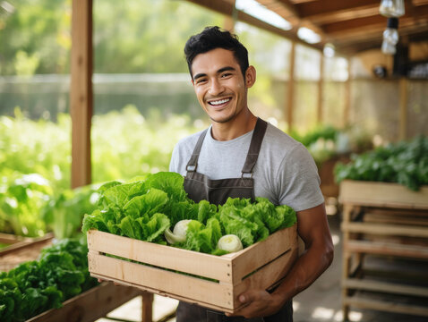 A cheerful Asian male gardener proudly holds a box of fresh green vegetables in a greenhouse garden, exemplifying the young Asian farmer's commitment to harvesting natural organic salad vege
