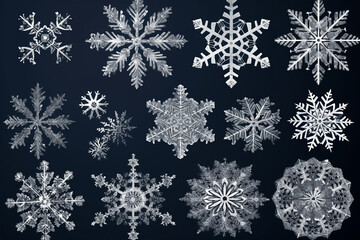 Fototapeta na wymiar White beautiful snowflakes on the dark blue contrast background. Generative AI