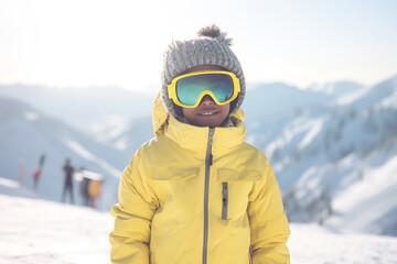 Fototapeta na wymiar Smiling afro-american child equipped for the winter sports on a ski resort. Generative AI