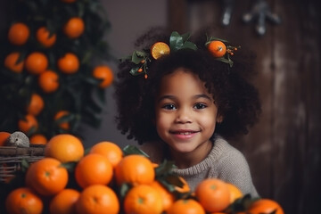 Fototapeta na wymiar Happy afro-american child posing with Christmas oranges. Generative AI
