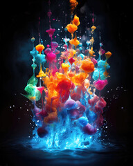 colorful ink splashes in water isolated on black background. 3d rendering