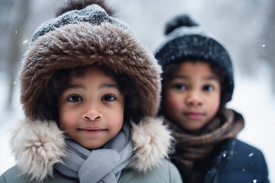Afro-american kids posing in winter walking outdoors. Generative AI
