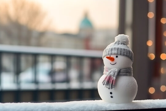 Mini snowman wearing cap and scarf, on the balcony balustrade. Generative AI
