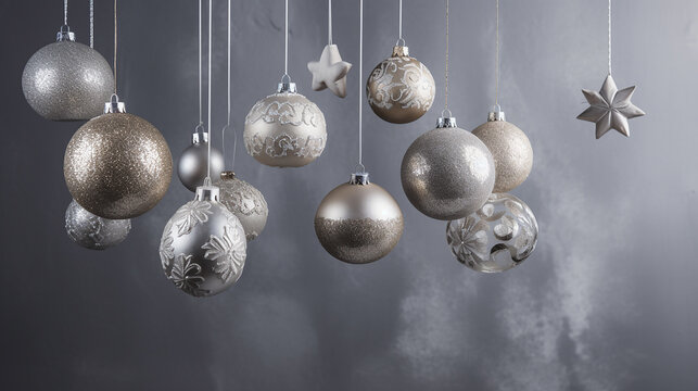 Silver hanging Christmas decoration on the grey background. Generative AI