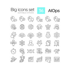 2D editable black big thin line icons set representing AI ops, isolated vector, linear illustration.