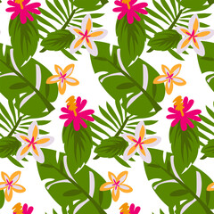 Pattern with plumeria and hibiscus flowers in yellow, white and pink flowers with tropical leaves. Botanical texture with flowers in large green leaves on a white background. print on textiles, paper