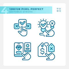 Pixel perfect blue icons representing comparisons, editable thin line illustration set.