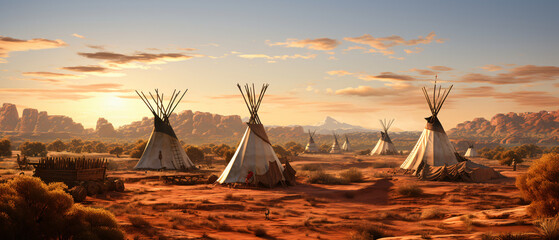 View of an indian native american village with teepee - obrazy, fototapety, plakaty