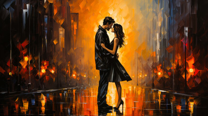 Fototapeta premium Romantic cityscape with couple sharing umbrella in rain, unique raw-style hand painting, vibrant and expressive visual conveying intimacy and urban togetherness.