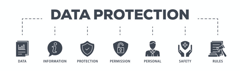 Data protection banner web icon glyph silhouette with icon of data, information, protection, permission, personal, safety and rules
