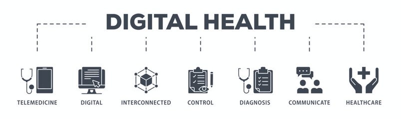 Digital health banner web icon glyph silhouette for technology in medical healthcare with icon of e-health, telemedicine, interconnected, smartwatch, diagnosis, email, and medical app