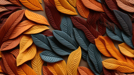 Leaves made from knitted yarn in the colors yellow, brown, and orange