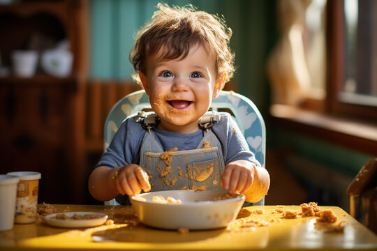 Baby with his face and hair covered in baby food, sitting in his highchair. Funny everyday situation with a toddler