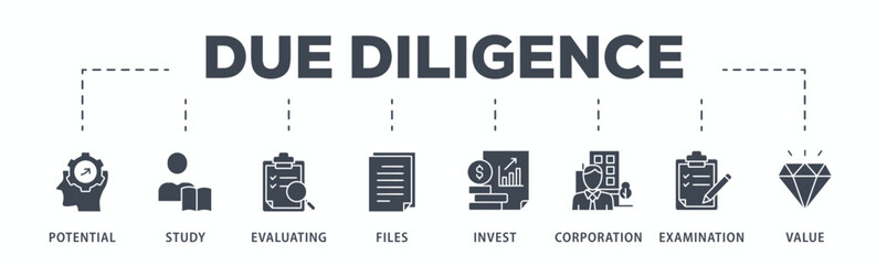 Fototapeta na wymiar Due diligence banner web icon glyph silhouette with icon of potential, study, evaluating, files, invest, corporation, examination and value