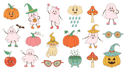 Retro 70s 60s Hippie Groovy Halloween set. Funny spooky ghosts, pumpkins, mushrooms and other vintage characters. Psychedelic collection of hippie color halloween elements.