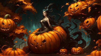 Beautiful witch girl with scary pumkin background concept art, Halloween theme.