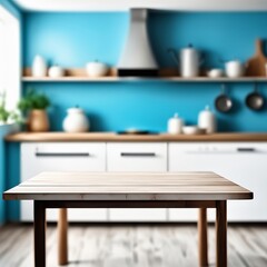 Fototapeta premium Empty kitchen table and blurred kitchen background