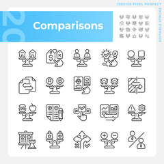 2D pixel perfect black icons pack representing comparisons, editable simple thin line illustration.