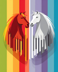 Two horses on a rainbow background. Vector illustration