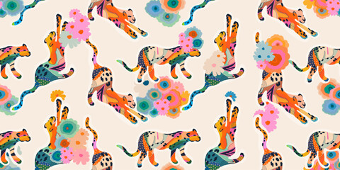 Abstract playful flowers print with leopards. Collage contemporary seamless pattern. Hand drawn unique print. - 646277797
