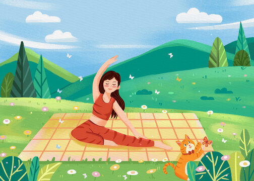 Illustration of young women practicing yoga