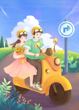 Illustrate young lovers riding motorcycles