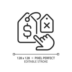 2D pixel perfect customizable black hand choosing label icon, isolated vector, thin line illustration representing comparisons.