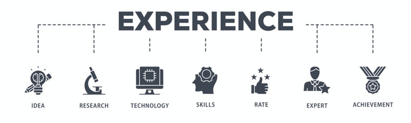 Experience banner web icon glyph silhouette with icon of idea, research, technology, skills, rate, expert and achievement