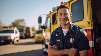 Portrait of male EMS Paramedic Proudly Standing in Front of Camera in High Visibility Medical Uniform. Successful Emergency Medical Technician or Doctor at Work.