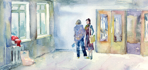 Watercolor painting. Big school hall